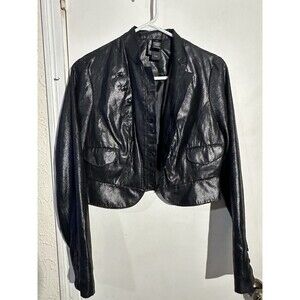 Bisou Bisou Michele Bohbot Black Faux-Leather Cropped Jacket, Size Medium